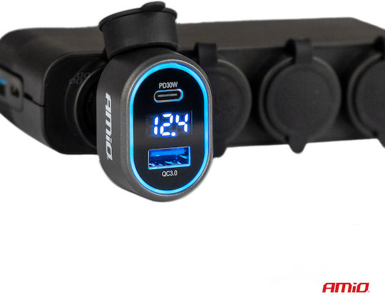 AMiO Car Charger 30W Fast Charging with Ports 1xUSB 1xType-C and Voltmeter Black Color