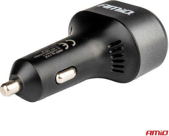 AMiO Car Charger 30W Fast Charging with Ports 1xUSB 1xType-C and Voltmeter Black Color