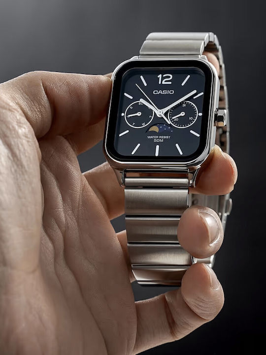 Casio Ανδρικό Ρολόι 34mm Χρονογράφος Μπαταρίας με Ασημί Μεταλλικό Μπρασελέ