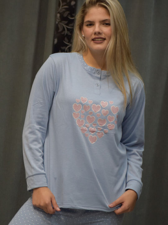 Caress Χειμερινό Γυναικείο Σετ Πιτζάμας Fleece Γαλάζιο