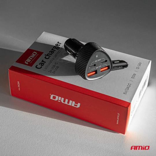 AMiO Car Charger 50W Fast Charging with Ports: 2xUSB 2xType-C Black Color