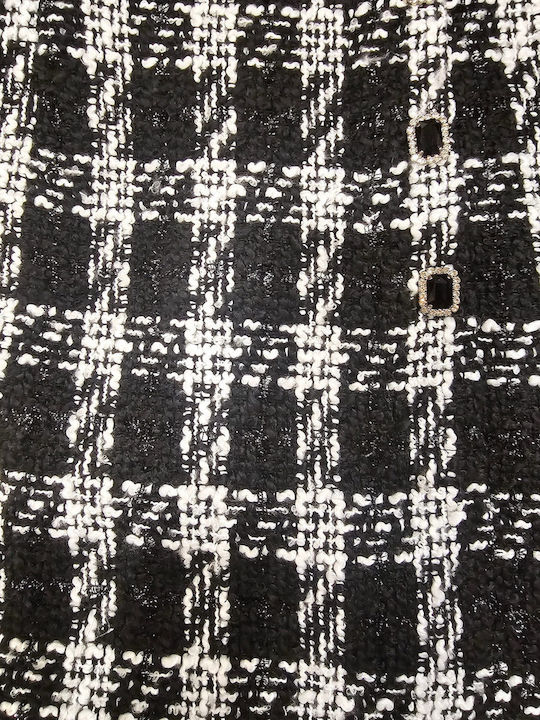 BSB WOMEN'S TWEED SKIRT WITH JEWELLERY BUTTONS - WHITE AND BLACK