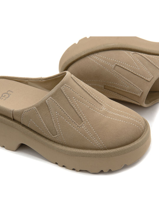 New Heights Sunwave Clogs Suede Mules με Χοντρό Ψηλό Τακούνι σε Μπεζ Χρώμα