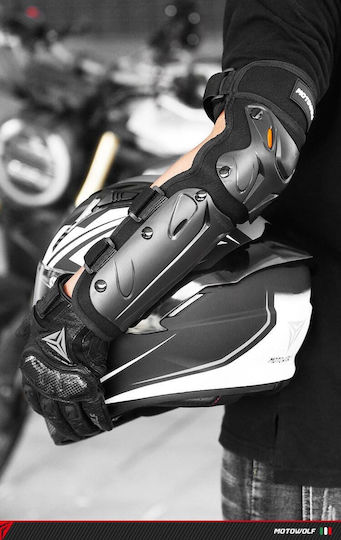 Motorrad Knie- und Ellbogenschützer Set Verstellbarer Klettverschluss Schnellverschluss Belüftet CE-zertifizierte Schalenprotektoren Modell 1010 Lang Motowolf