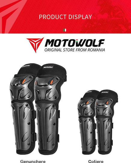 Motorrad Knie- und Ellbogenschützer Set Verstellbarer Klettverschluss Schnellverschluss Belüftet CE-zertifizierte Schalenprotektoren Modell 1010 Lang Motowolf