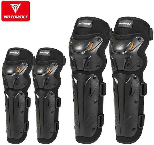 Motorrad Knie- und Ellbogenschützer Set Verstellbarer Klettverschluss Schnellverschluss Belüftet CE-zertifizierte Schalenprotektoren Modell 1010 Lang Motowolf