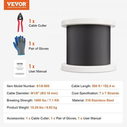 Vevor Stainless Steel Cable T316 1/8" 7x7 500 Ft Railings Fhgssfh31618gciqiv0