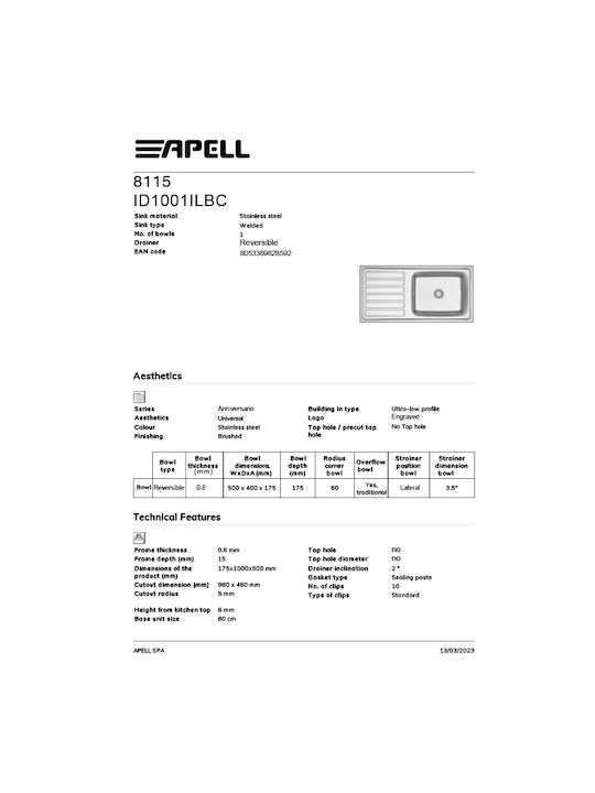 Apell Drop-In Мивка от Синтетичен Гранит Ш100xД50см Сребрист