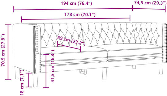 Canapea Cu Trei Locuri Din Piele Ecologică Gri 194x74.5x70.5cm