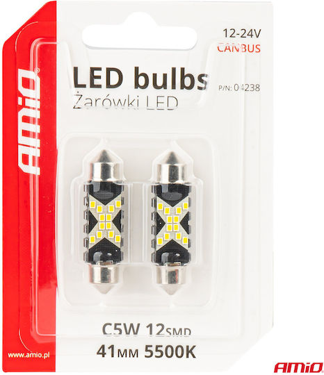AMiO Lampen Auto C5W Canbus LED 5500K Kaltes Weiß 12-24V 2Stück