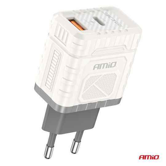AMiO Încărcător Fără Cablu GaN cu Port USB-A și Port USB-C 30W Livrarea energiei / Quick Charge 3.0 Albς (04286)