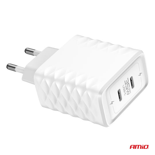 AMiO Încărcător Fără Cablu GaN cu 2 Porturi USB-C 35W Livrarea energiei Albς (04288)