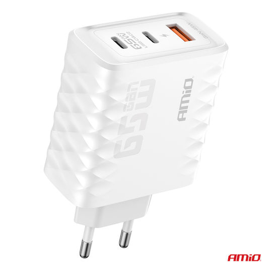 AMiO Încărcător Fără Cablu GaN cu Port USB-A și 2 Porturi USB-C 65W Livrarea energiei / Quick Charge 3.0 Albς (04289)