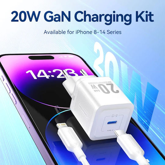 Vention Φορτιστής GaN με Θύρα USB-C και Καλώδιο USB-C - Lightning 20W Power Delivery Λευκός (TZ-FEPW0-EU-02)