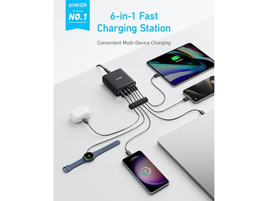Anker Anker Βάση Φόρτισης με 3 Θύρες USB-A και 3 Θύρες USB-C και Καλώδιο USB-C 112W Stromlieferung / Schnellladetechnologie σε Schwarz Farbe (A2154G11)