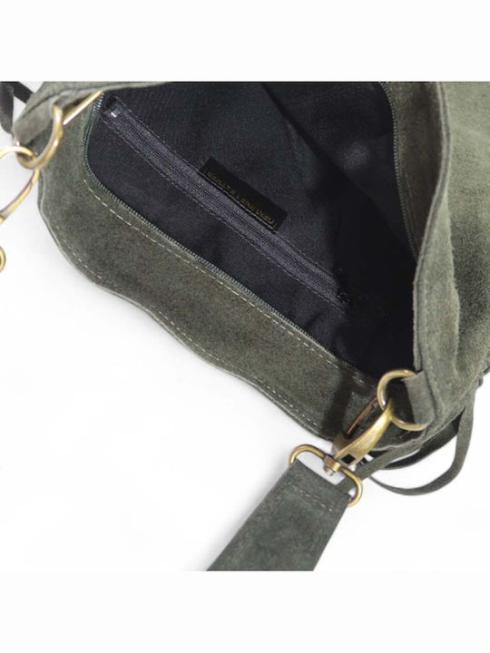 Damen-Schultertasche aus Leder und Wildleder mit Fransen in Olivgrün