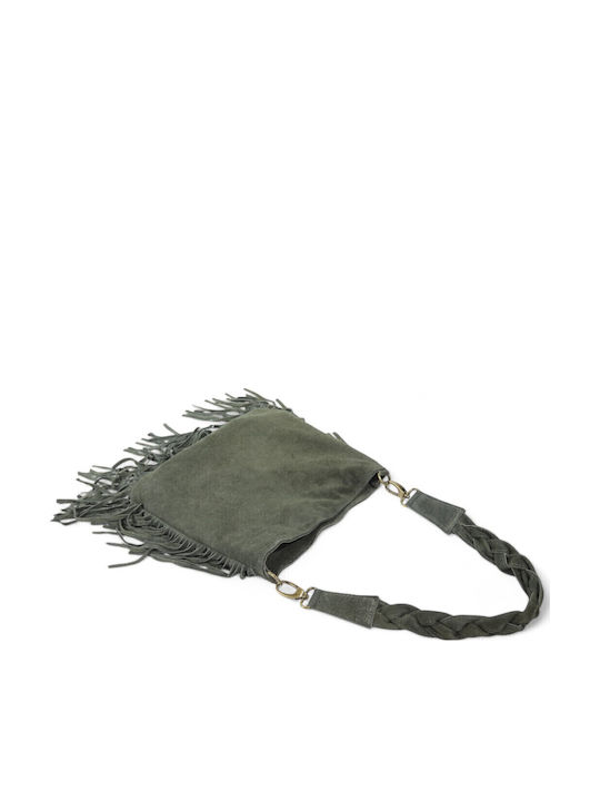 Damen-Schultertasche aus Leder und Wildleder mit Fransen in Olivgrün