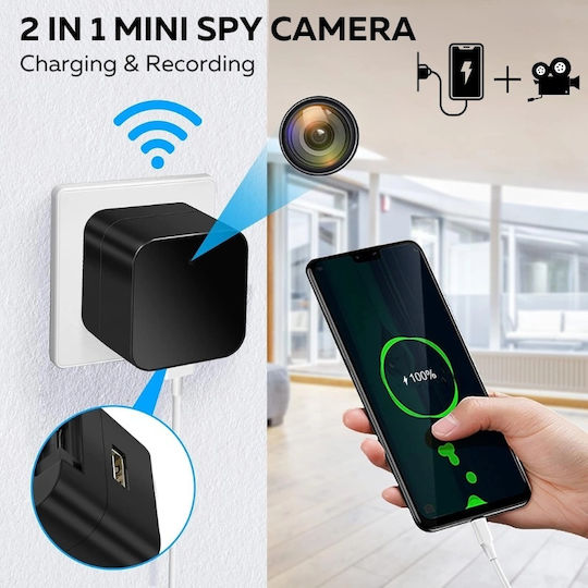 USB зарядно шпионска камера Iuni IP90 Wi-Fi Full HD нощно виждане сензор за движение