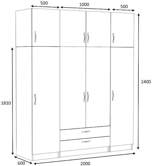 Patru uși Dulap de Haine Victoria cu Spațiu de Depozitare Nuci 200x60x240cm