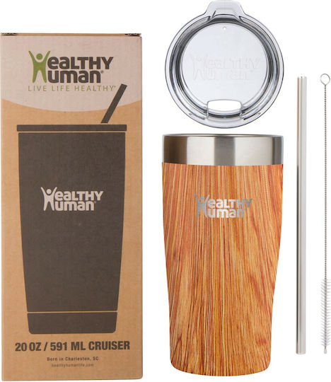 Healthy Human Cruiser Tumbler Glass Thermos Stainless Steel BPA Free 591ml Wood with Straw