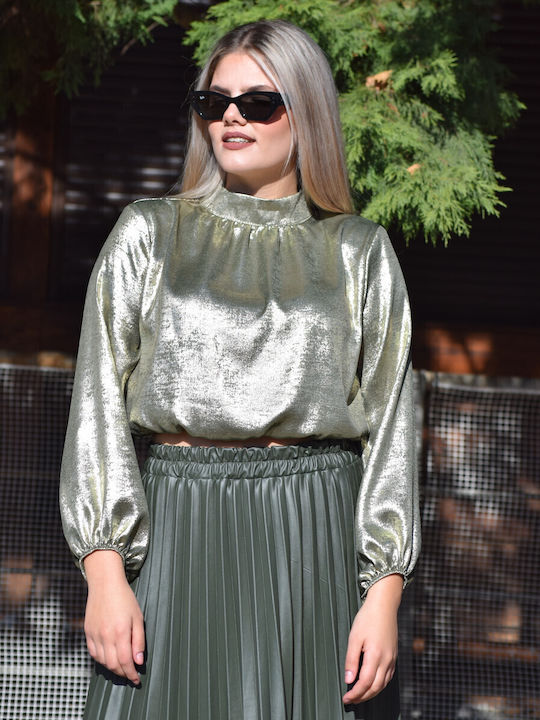 Damen Crop Top Satin Olive Oil Open