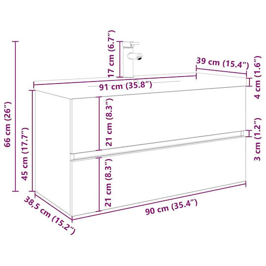 vidaXL Πάγκος με Νιπτήρα Μ90xΒ45xΥ38.5cm Καφέ