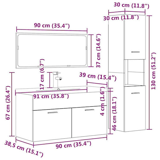 vidaXL Πάγκος με Νιπτήρα, Καθρέπτη & Στήλη Μ91xΒ18xΥ39cm Γκρι Σκυροδέματος