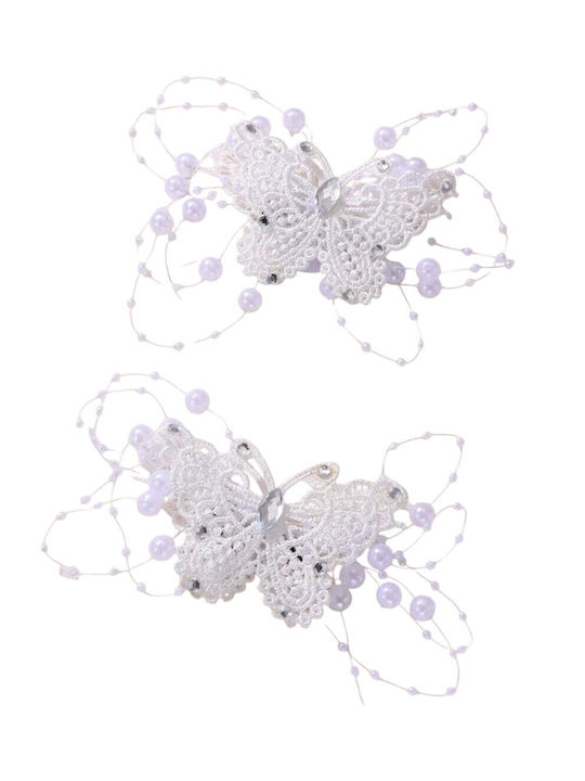 Set of 2 Pcs Official Impressive Butterfly Embroidery Hair Clips Fancy Rhinestones & Mesh Shiny Pearls White
