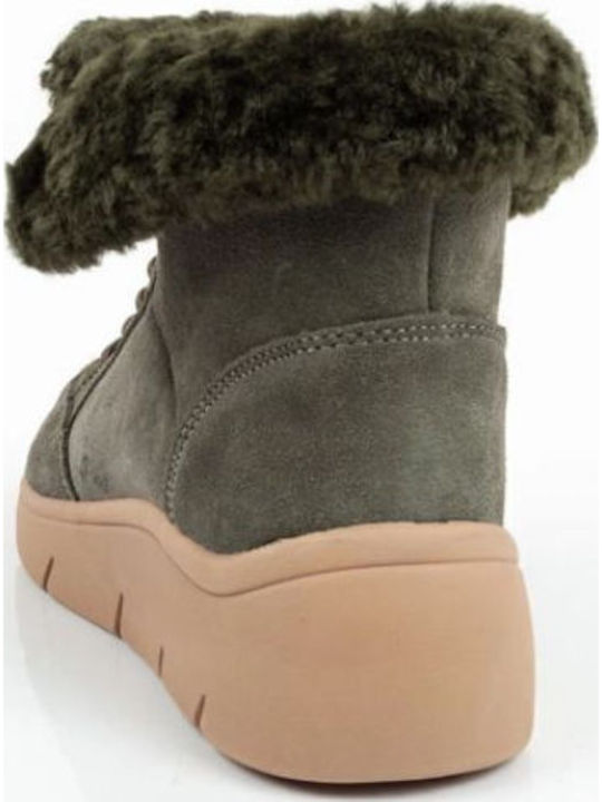 Stelvio Ghete Dama De Piele Ankle Boots Cu Platformă Și Blană Kaki