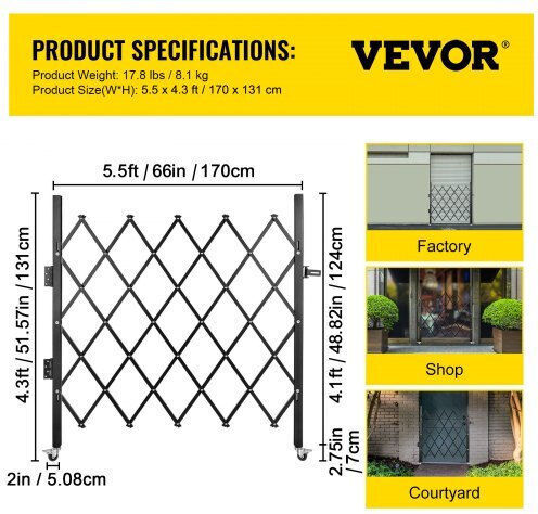 Vevor Μεταλλική Πόρτα Φράχτη σε Μαύρο Χρώμα 1.67x1.21m