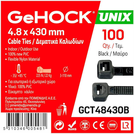 GeHock Plastic Cable Ties 430mm x 4.8mm in Black Colour (100 pcs) (148430)
