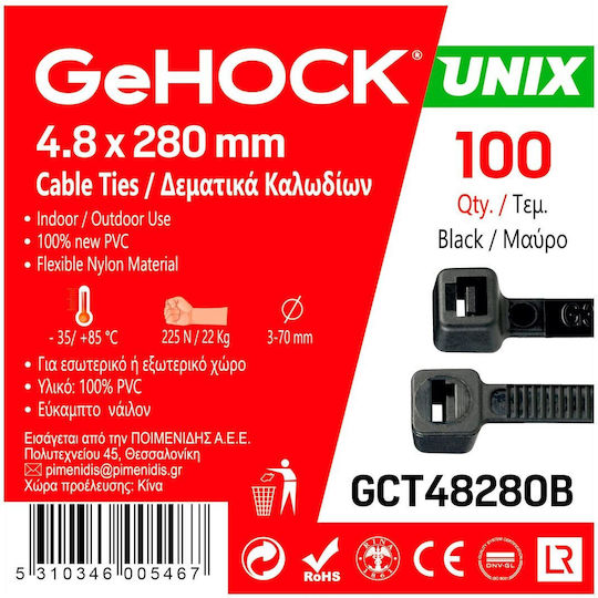 GeHock Δεματικά Καλωδίων Πλαστικά 280mmx4.8mm σε Μαύρο χρώμα (100τμχ) (148280)