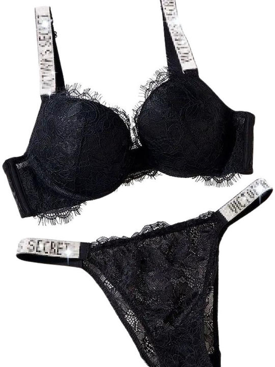Brietta Underwear Set with Underwire, Lace, Padded Bra, Frayed Edges & High-Waisted Lace Thong