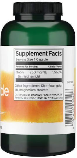Swanson Niacinamide Vitamina pentru Energie, Pielea & Sistemul Nervos 250mg 250 capace