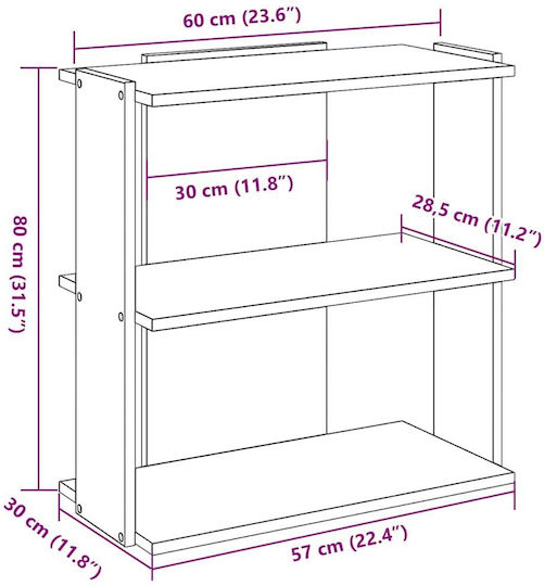 Βιβλιοθήκη 3 Επιπέδων Sonoma Δρυς 60x30x80 Εκ Επεξεργ Ξύλο Καφέ 60 X 30 X 80 Cm