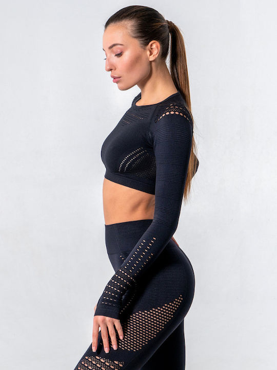 Women's Athletic Long Sleeve Crop Top Black