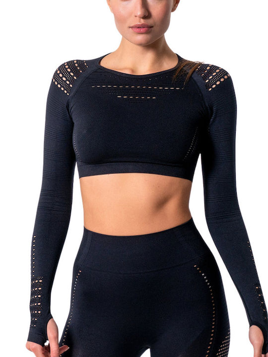 Women's Athletic Long Sleeve Crop Top Black