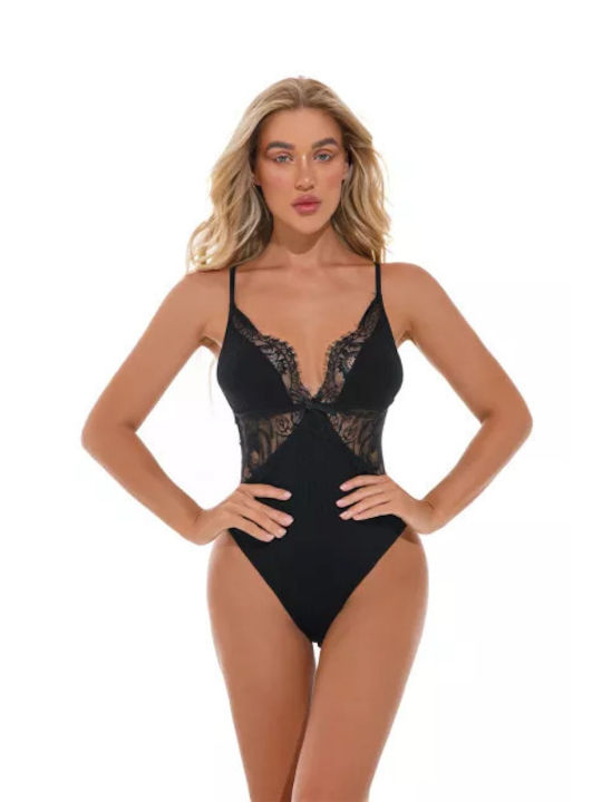 La Lolita Amsterdam Lingerie Spaghetti Strap Bodysuit with Lace Black