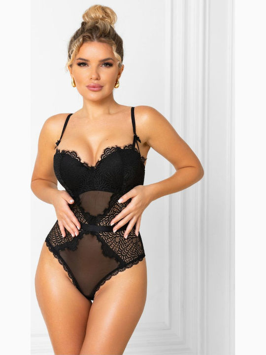 Lingerie Spaghetti Strap Bodysuit with Mesh & Lace Black