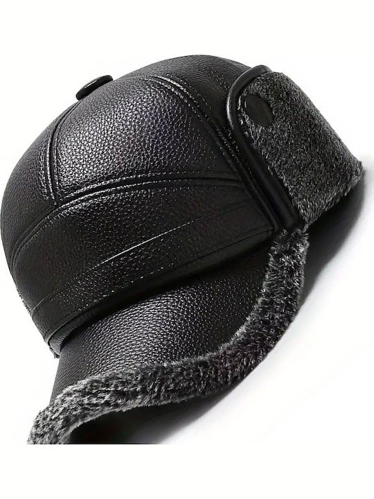 Luciano Faketti Men's Winter Artificial Leather Hat with Ear Flaps Thick Windproof & Comfortable Knitted Baseball Cap Black