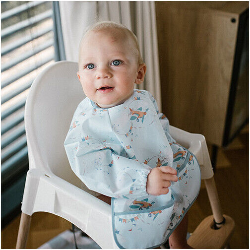 Babyono Plane Waterproof Plastic Coverall with Hook & Loop Fastener Pocket & Sleeves Light Blue for 6 m+