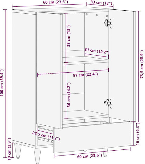Living Room Display Cabinet from Solid Wood with Glass Black 60x33x110cm