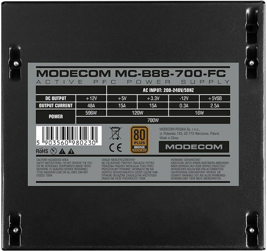 Modecom 700W Μαύρο Τροφοδοτικό Υπολογιστή Full Wired 80 Plus Bronze