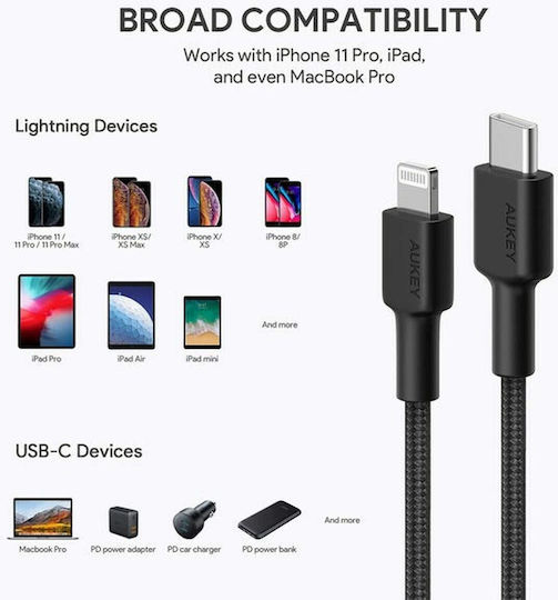 Aukey CB-CL03 Плетена USB-C към Lightning кабел Черен 2м (ITAN1004513)