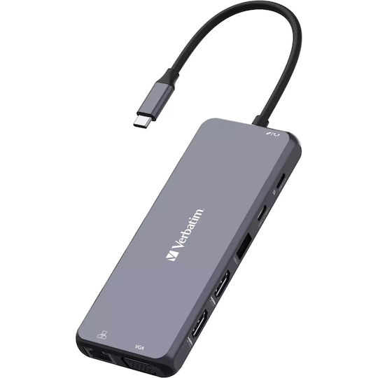 Verbatim USB-C Pro CMH-14 USB-C Docking Station mit HDMI 4K PD Ethernet und Verbindung 3 Monitore Gray