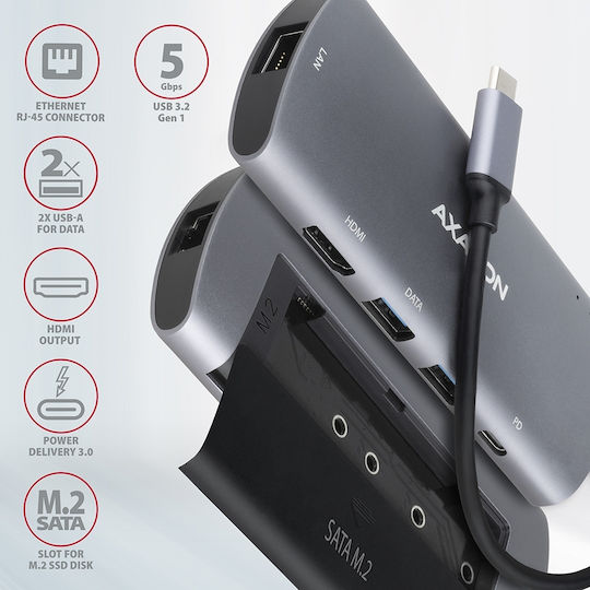 Axagon HMC-6M2 USB-C Docking Station mit HDMI 4K PD Ethernet Silber