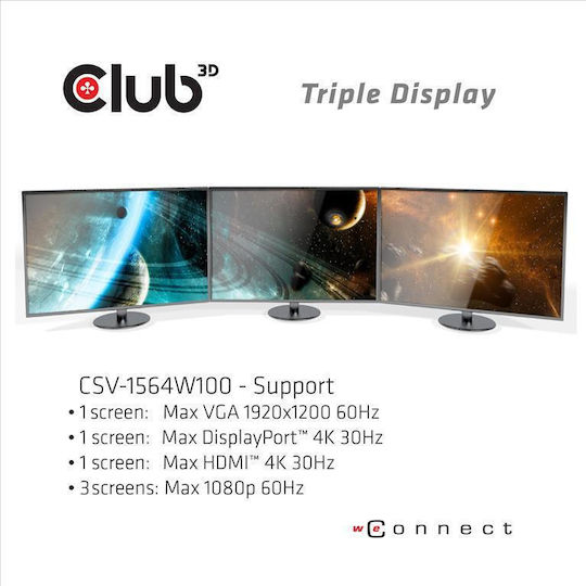 Club3D USB-C Docking Station with HDMI/DisplayPort 4K PD Ethernet and Support for 3 Monitors Black (CSV-1564W100)