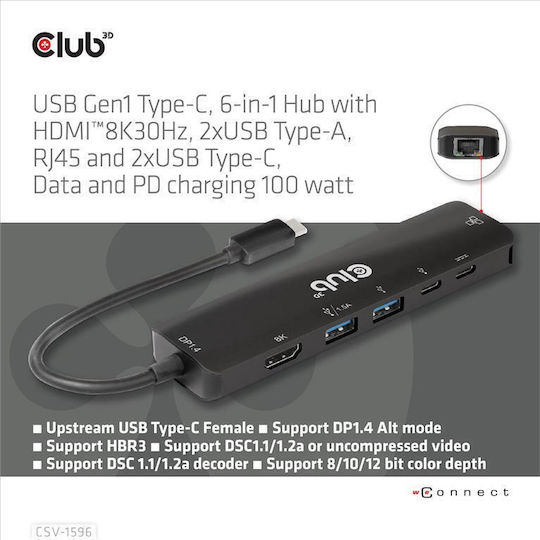 Club3D USB-C Docking Station με HDMI 4K PD Ethernet Μαύρο (CSV-1596)
