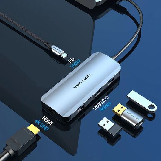 Vention TODHB USB-C Docking Station with HDMI 4K PD and Support for 2 Monitors Gray