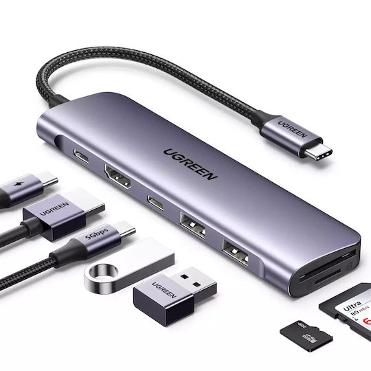 Ugreen CM195 USB-C Докинг станция с HDMI 4K PD Сив